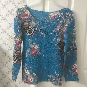 Turquoise Cherry Blossom Long Sleeved Origami Stretch Shirt Wrinkle Proof NWOT.